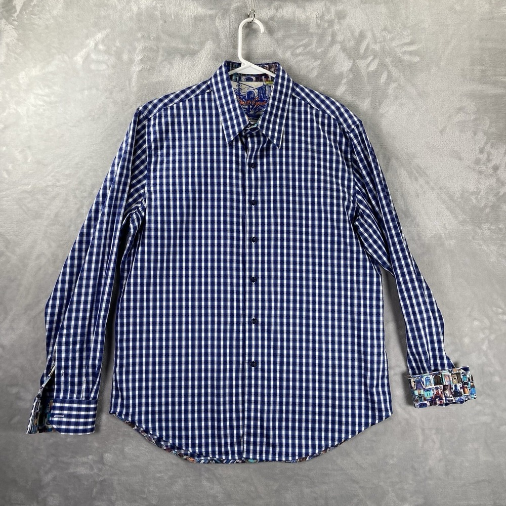Robert Graham Shirt men's Large Button Up Flip Cuffs Plaid Tailored Fit Luxury